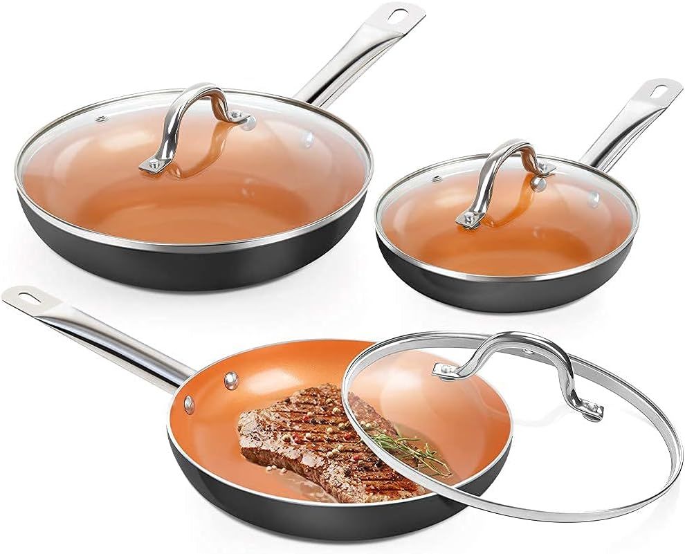 SHINEURI 6 Pieces Nonstick Copper Pans with Lid Copper Frying Pans Copper Nonstick Frying Pans Co... | Amazon (US)