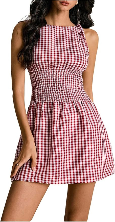 Floerns Women's Tie Shoulder A Line Gingham Dress Boat Neck Mini Checkered Elegant Dresses | Amazon (US)