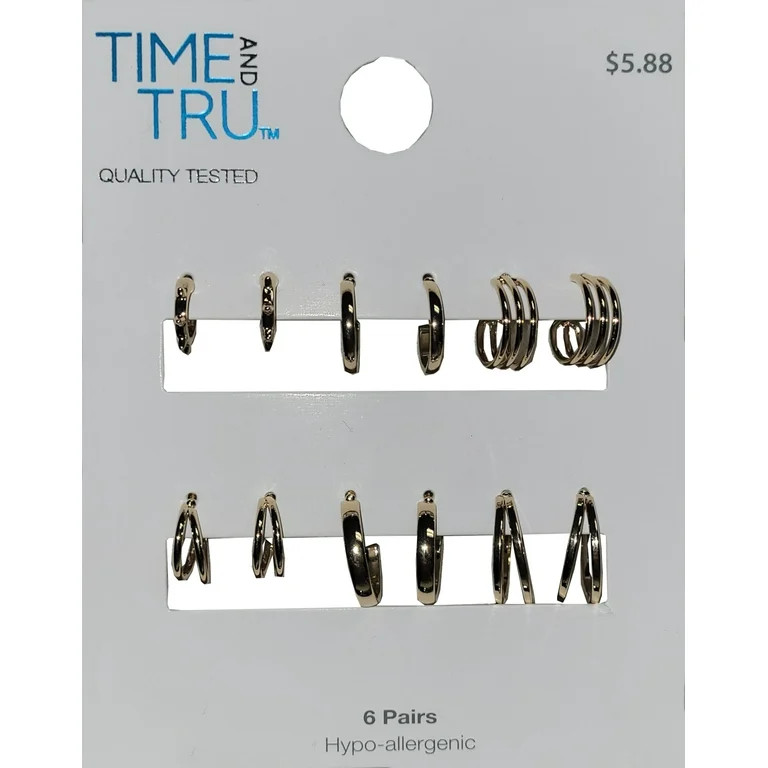 Time and Tru Women's Fashion Dainty 6 Pairs of Imitation Gold All Metal Hoops. | Walmart (US)