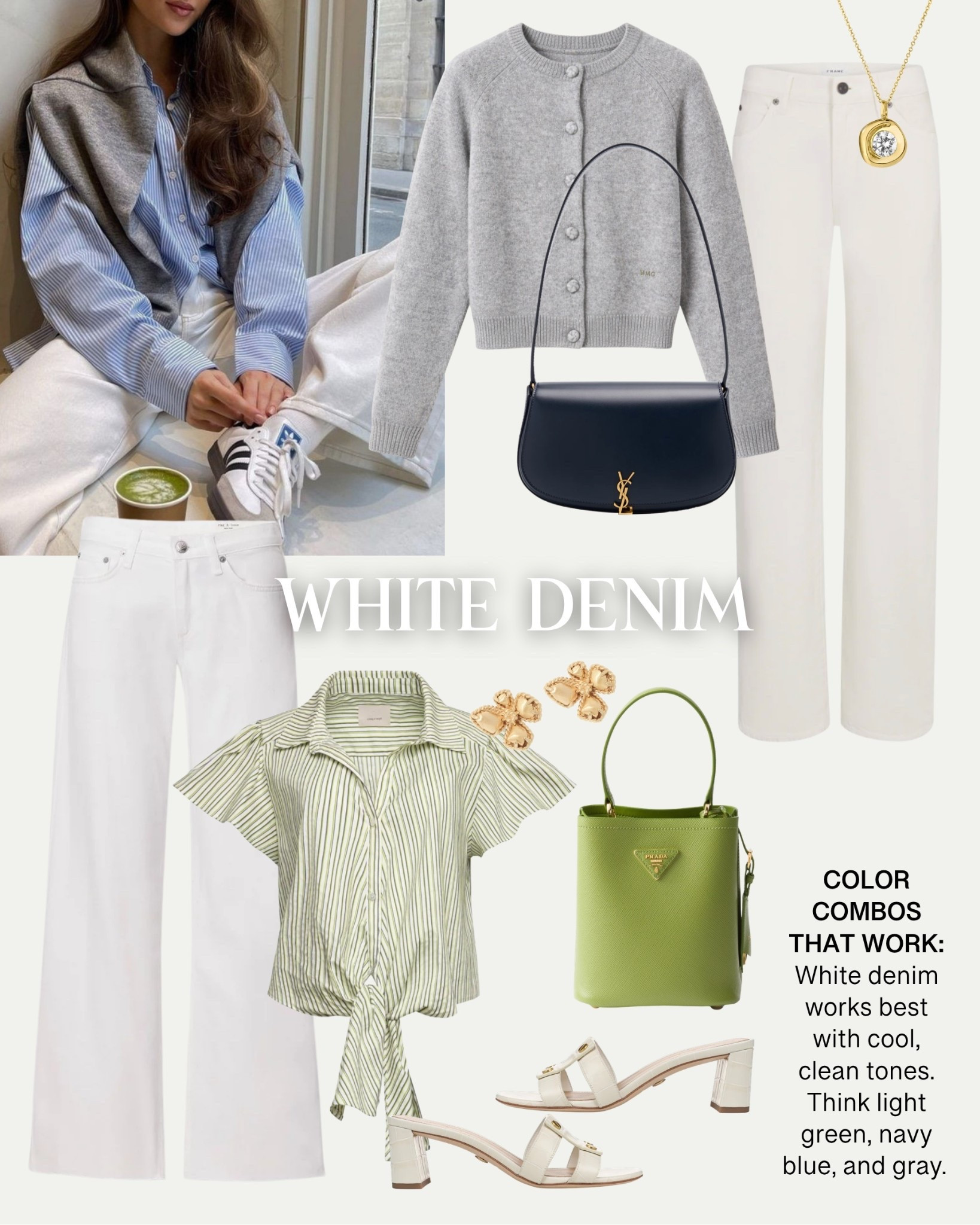Color combos that work with white denim: white works best will cool, clean tones. Think light green, navy blue, and gray!

#LTKOver40 #LTKSeasonal #LTKootd