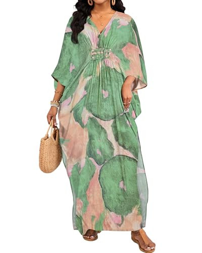 Bsubseach Plus Size Kaftan Dresses for Women V Neck Swimsuit Coverup Floral Print Caftan Maxi Beach Dress Green | Amazon (US)