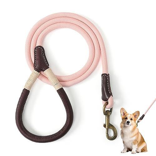 Mile High Life Dog Leash Heavy Duty Strong w Leather Handle Rope Leash for Small Medium Large Dogs, Diameter 1/2" (Pink, 60 Inches) | Amazon (US)