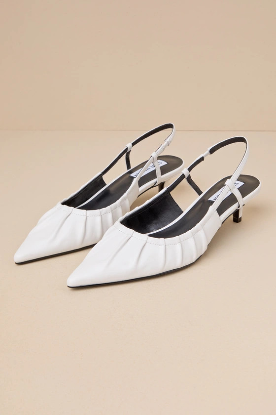 Syrie White Leather Pointed-Toe Slingback Kitten Heel Pumps | Lulus