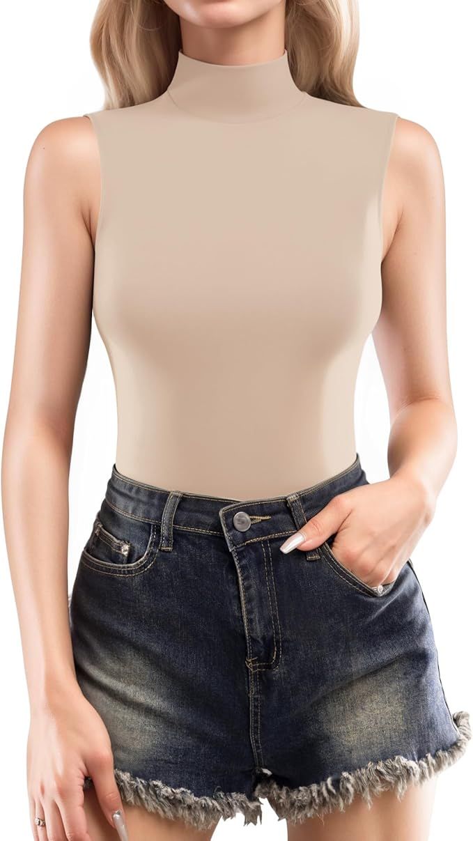 MANGOPOP Sleeveless Tank Tops Bodysuits for women Mock Turtle Neck Body suit | Amazon (US)