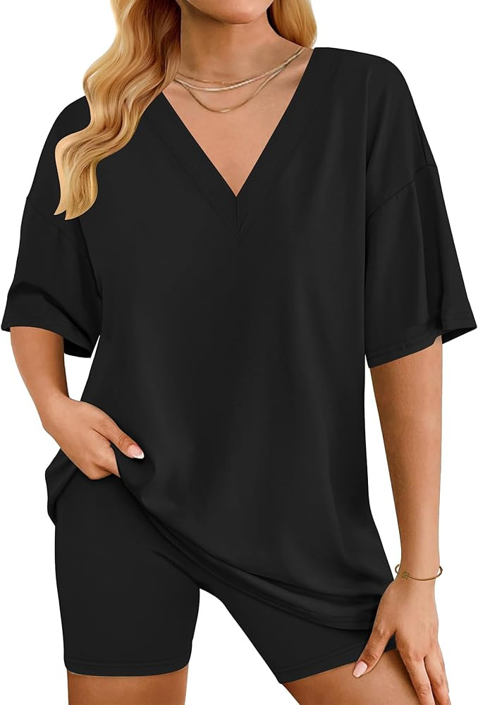 Womens Lounge Sets Cotton Pajamas Oversized Reversible TShirts Biker Shorts 2 Piece Loungewear Ca... | Amazon (US)