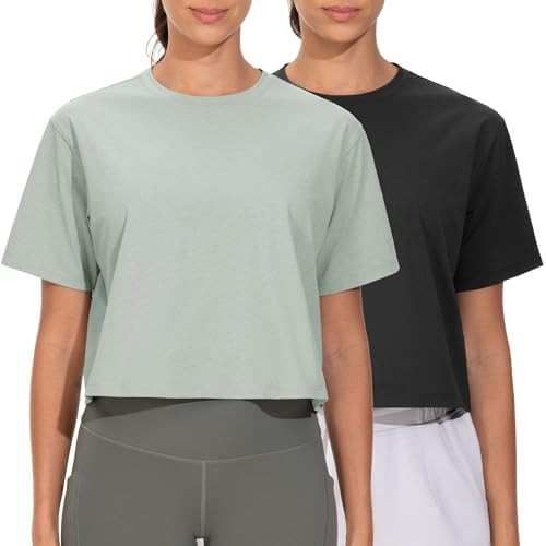 THE GYM PEOPLE 2 Pack Women's Workout Crop Tops Boxy Short Sleeve Athletic Running Basic Cropped ... | Amazon (US)