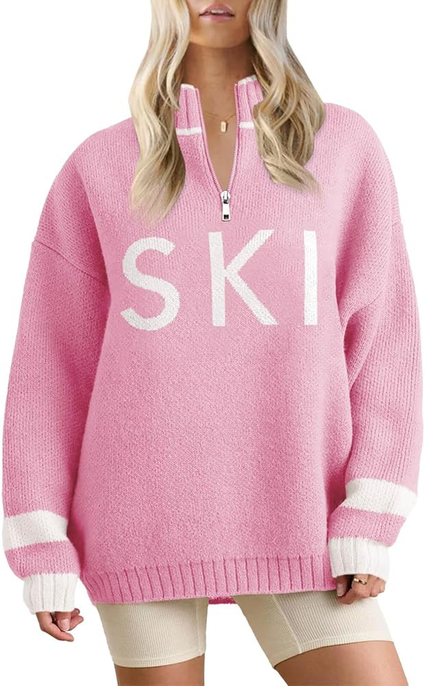 Zwurew Women's Ski Sweater 2024 Quarter Zip Color Block Striped Slouchy Long Sleeve Knitted Pullo... | Amazon (US)