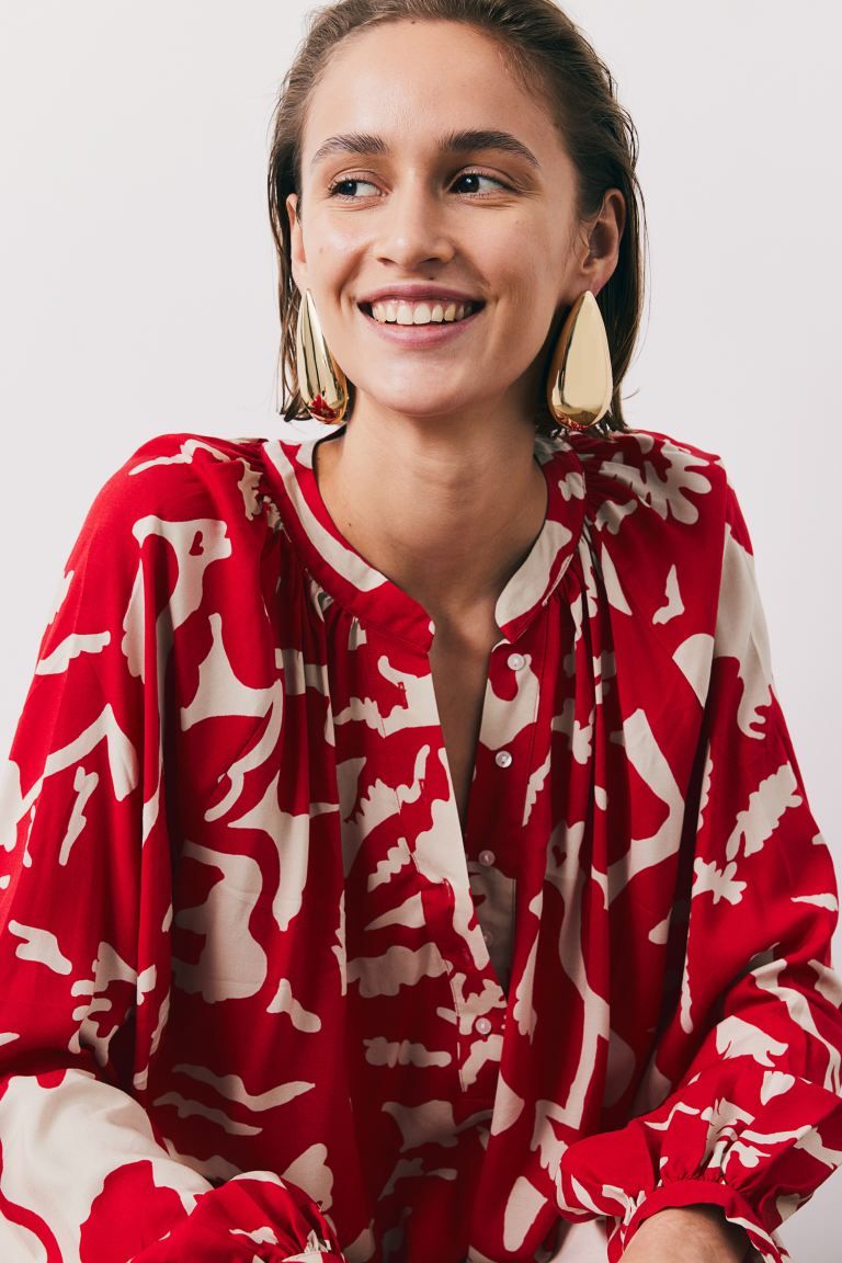 Balloon-sleeved Blouse - Bright red/floral - Ladies | H&M US | H&M (US + CA)