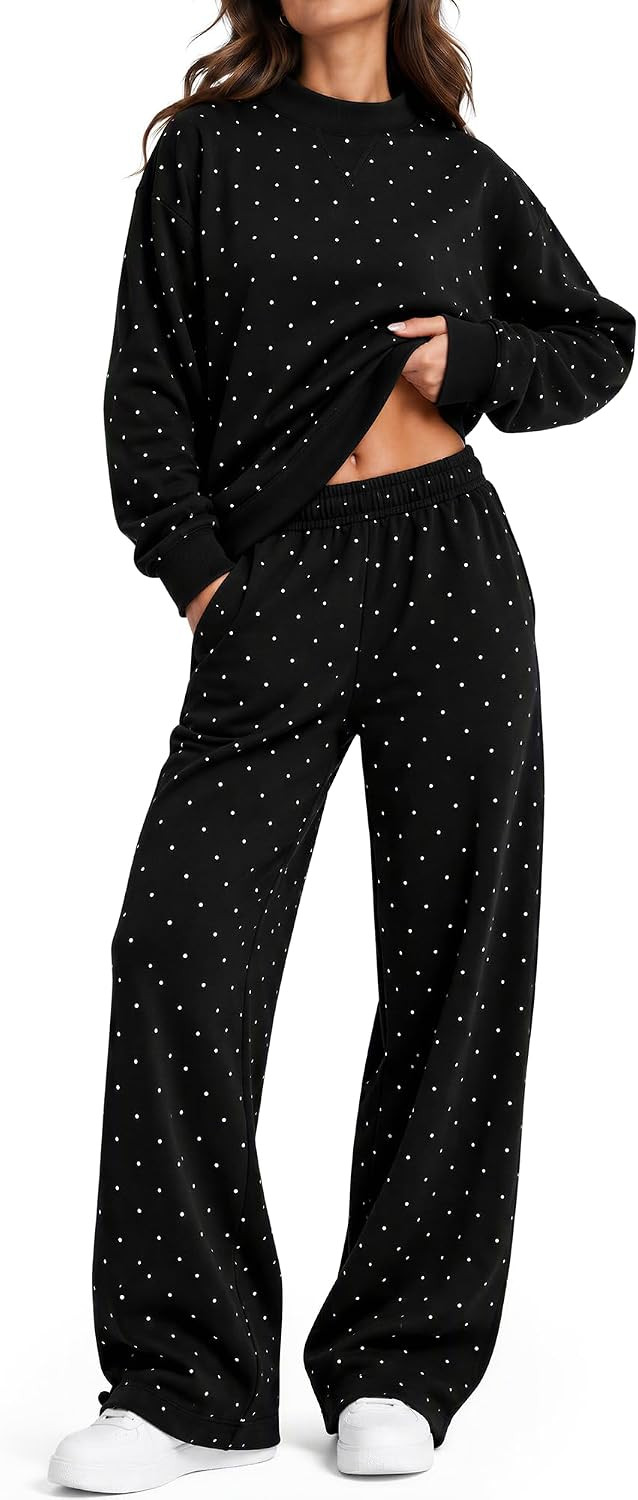 SUUKSESS Women Cotton 2 Piece Outfit Mock Neck Sweatshirt Wide Leg Pants | Amazon (US)