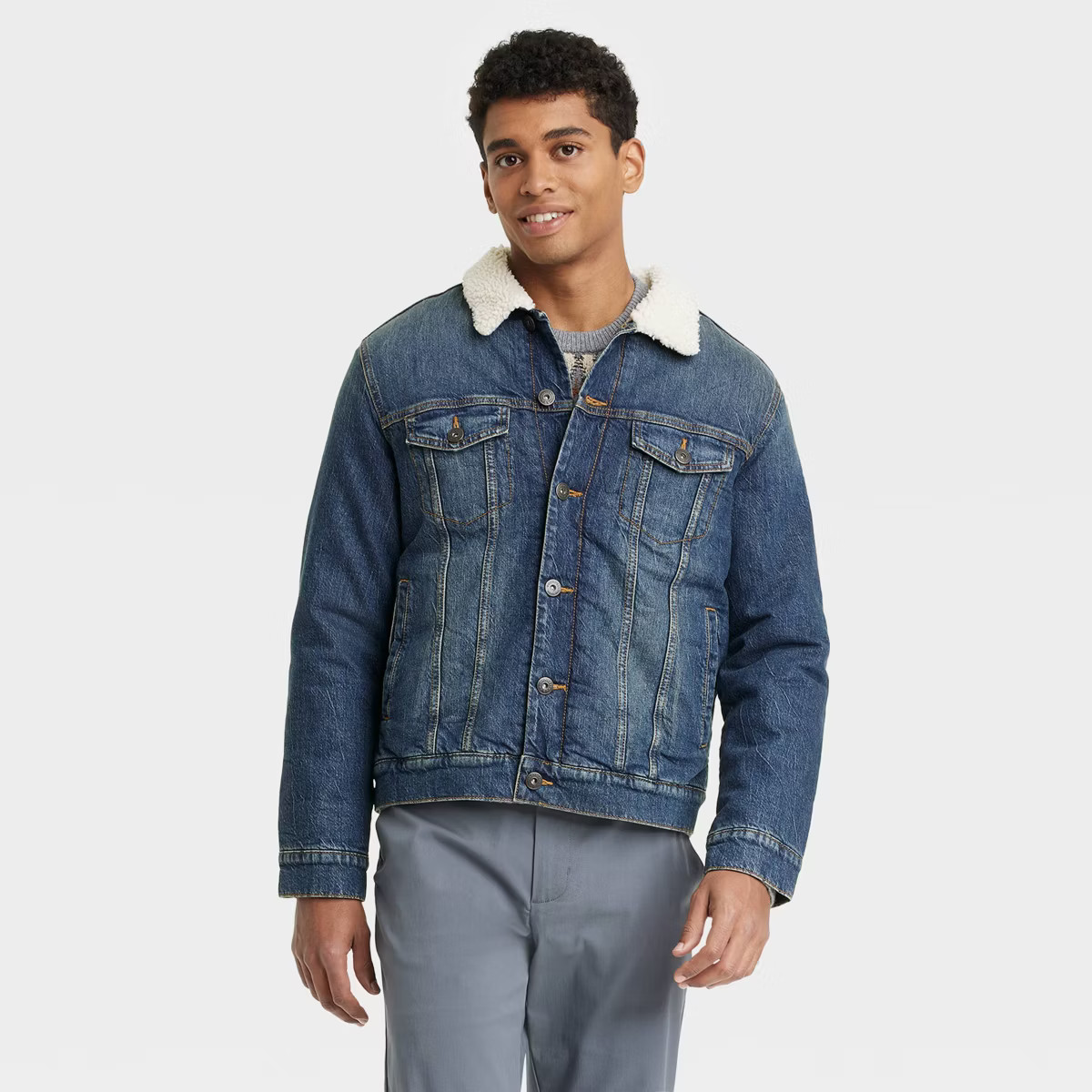 Men's Faux Shearling Lined Denim Trucker Jacket - Goodfellow & Co™ Blue | Target