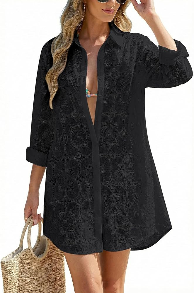 VIMPUNEC Women Eyelet Swimsuit Cover Ups Button Down Beach Shirt Dress Long Sleeve Bathing Suit C... | Amazon (US)
