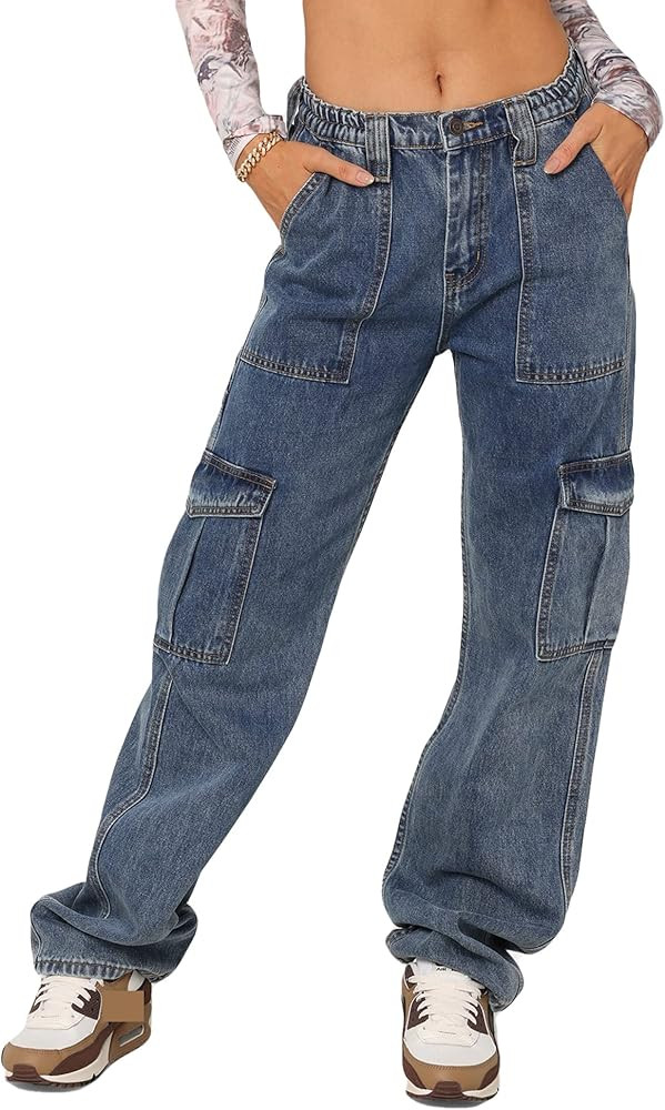 Kisswow Women's High Waist Straight Leg Jeans Slant Pocket Denim Pants Girls Fashion Color Black ... | Amazon (US)