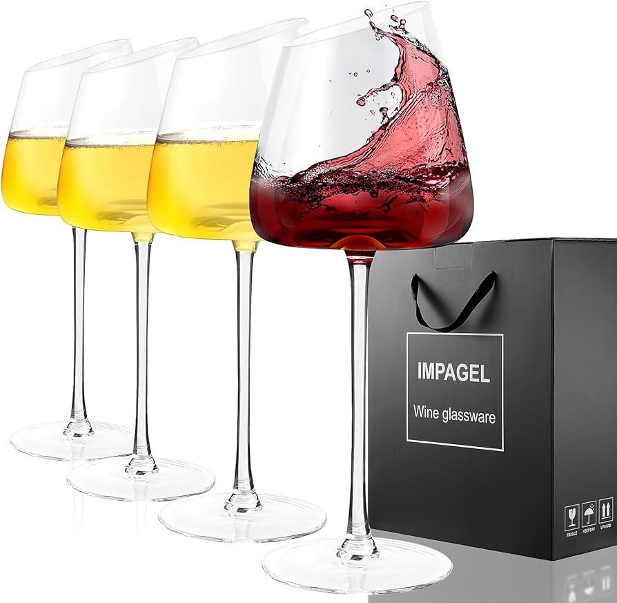 Slanted Red/White Wine Glasses, Set of 4, Elegant Hand-Blown Long Stem Wine Glasses with Unique C... | Amazon (US)