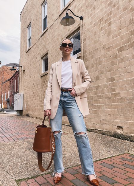 Blazer outfit, blazer and white tee, distressed wide leg jeans, Celine bucket bag, spring fashion

#LTKsalealert #LTKunder50 #LTKstyletip