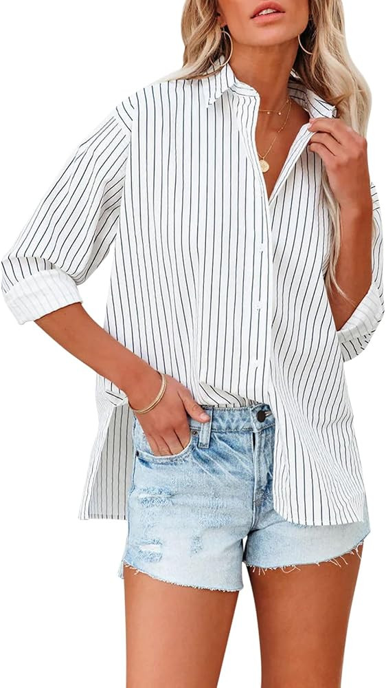Womens Button Down Shirts Cotton Striped Dress Shirt Long Sleeve Collared Office Work Pinstripes ... | Amazon (US)