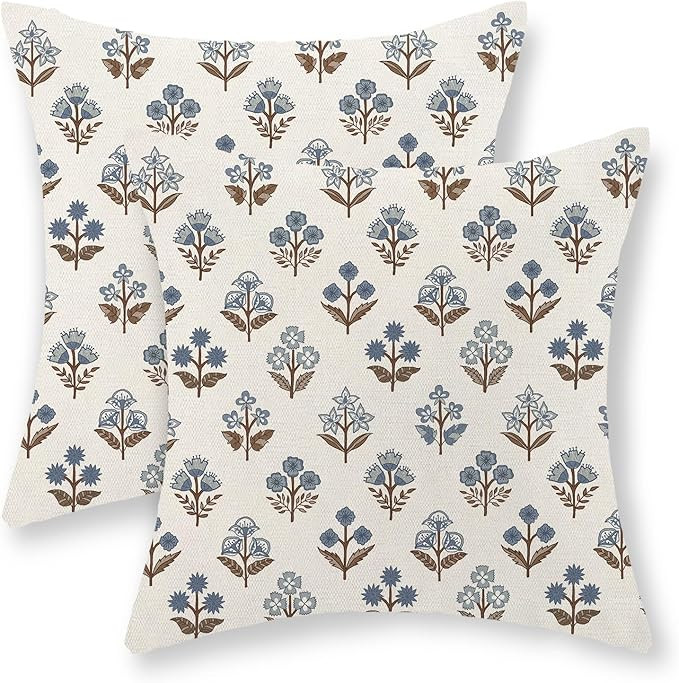 Brown Blue Pillow Covers 18x18 Set of 2 Boho Block Print Floral Pillow Cases Vintage Flower Patte... | Amazon (US)
