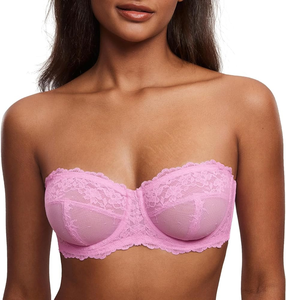 DOBREVA Unlined Lace Strapless Bra Sexy See Through Plus Size Convertible Underwire Bras | Amazon (US)