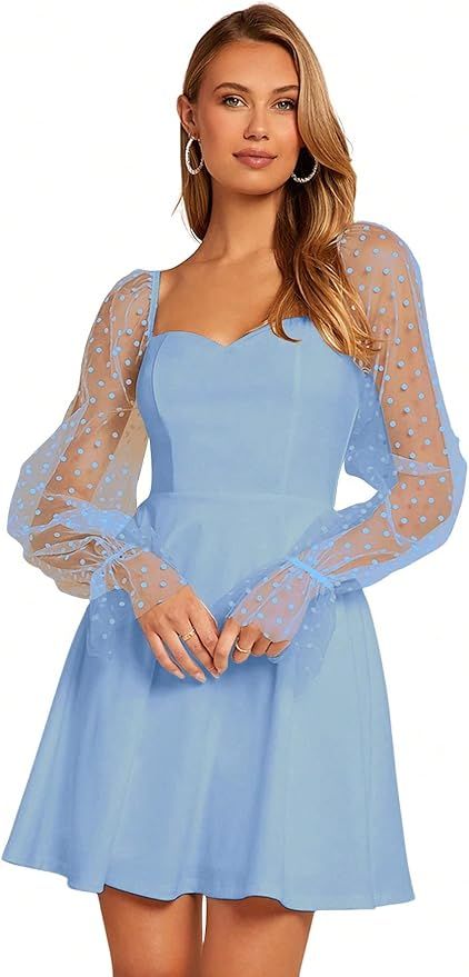 WDIRARA Women's Polka Dots Mesh Long Sleeve A Line Mini Flowy Wedding Guest Bridesmaid Dress | Amazon (US)