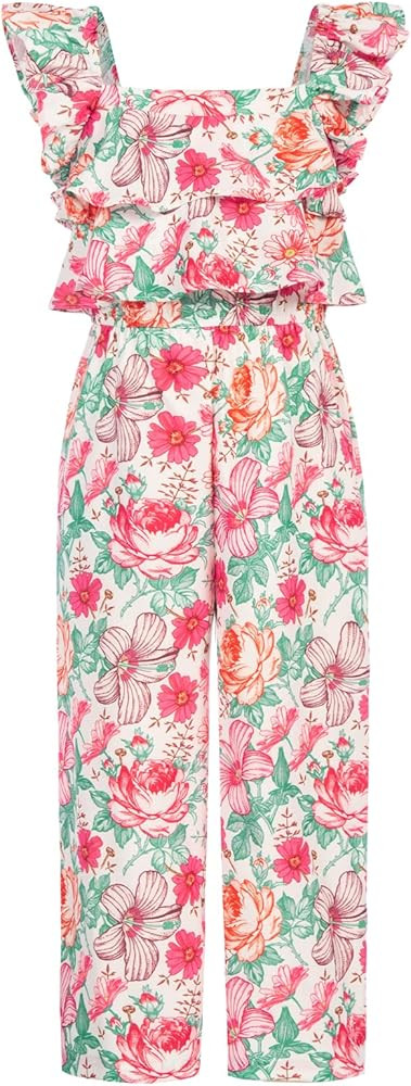 GRACE KARIN Girls Floral Jumpsuit Flutter Sleeve Square Neck Wide Leg Rompers | Amazon (US)