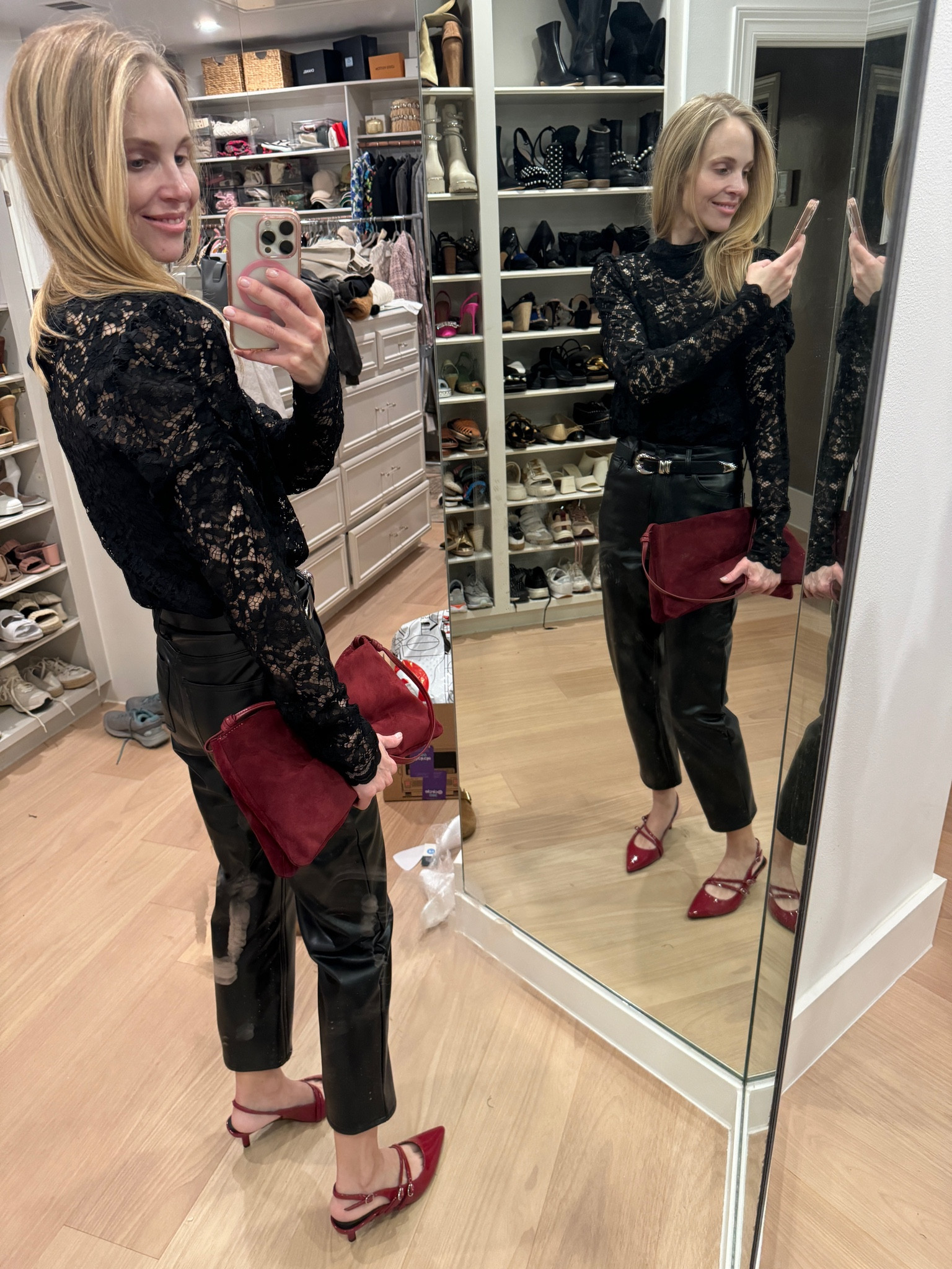 Size 26 in leather pants
Size small in top 
Kitten heels run TTS