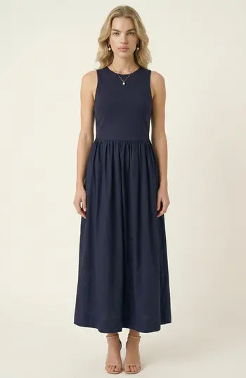 Sleeveless Crewneck Midi Dress with Gathered Waist and Pockets | Nordstrom