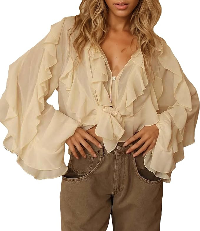 LETSVDO Women's Ruffle Chiffon Tops Puff Sleeve Sheer See Through Button Down V Neck Bubble Loose... | Amazon (US)