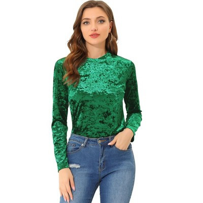 INSPIRE CHIC Women's Casual Vintage Velvet Crew Neck Long Sleeve T-shirts Green X-Large | Target