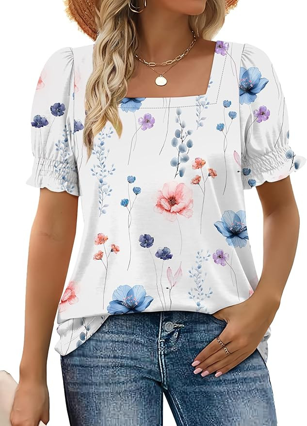 WEESO Womens Summer Tops 2025 Trendy Square Neck Blouses Short Puff Sleeve Shirts       Send to L... | Amazon (US)