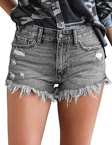 MODARANI Womens Denim Shorts Strechy Distressed Jean Shorts Gray Women Worn Mid Rise Frayed Ripped L | Amazon (US)