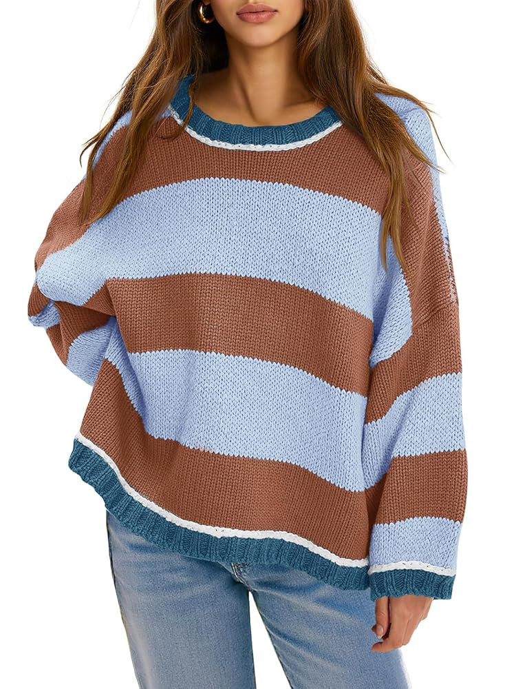 Fisoew Womens Oversized Sweaters Casual Long Sleeve Striped Color Block Crewneck Knitted Loose Fa... | Amazon (US)