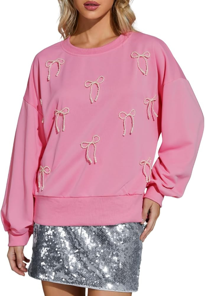 ChiaoLezhee Pearl Bow Sweatshirts, Crewneck Tops for Women, Clean Girl Clothes, Fall Pullover Swe... | Amazon (US)