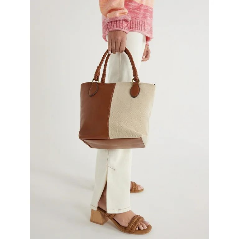 Time and Tru Women's Lovina Canvas and Faux Leather Tote Bag, Natural Cognac | Walmart (US)