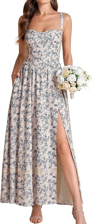 KUTUMAI Floral Corset Maxi Dress Flowy Slit Summer Spring Wedding Guest Dresses for Women Sundres... | Amazon (US)