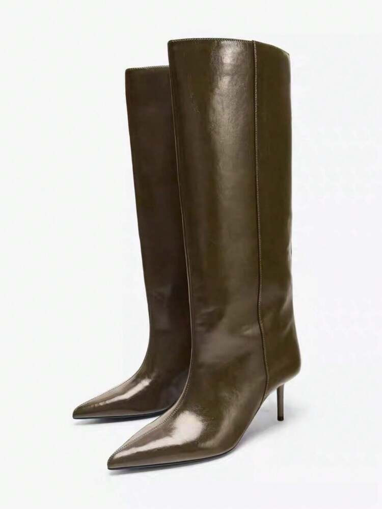 Women's New Pointed Toe Stiletto High Heel Brown Wide Leg French Style Knee-High Boots | SHEIN