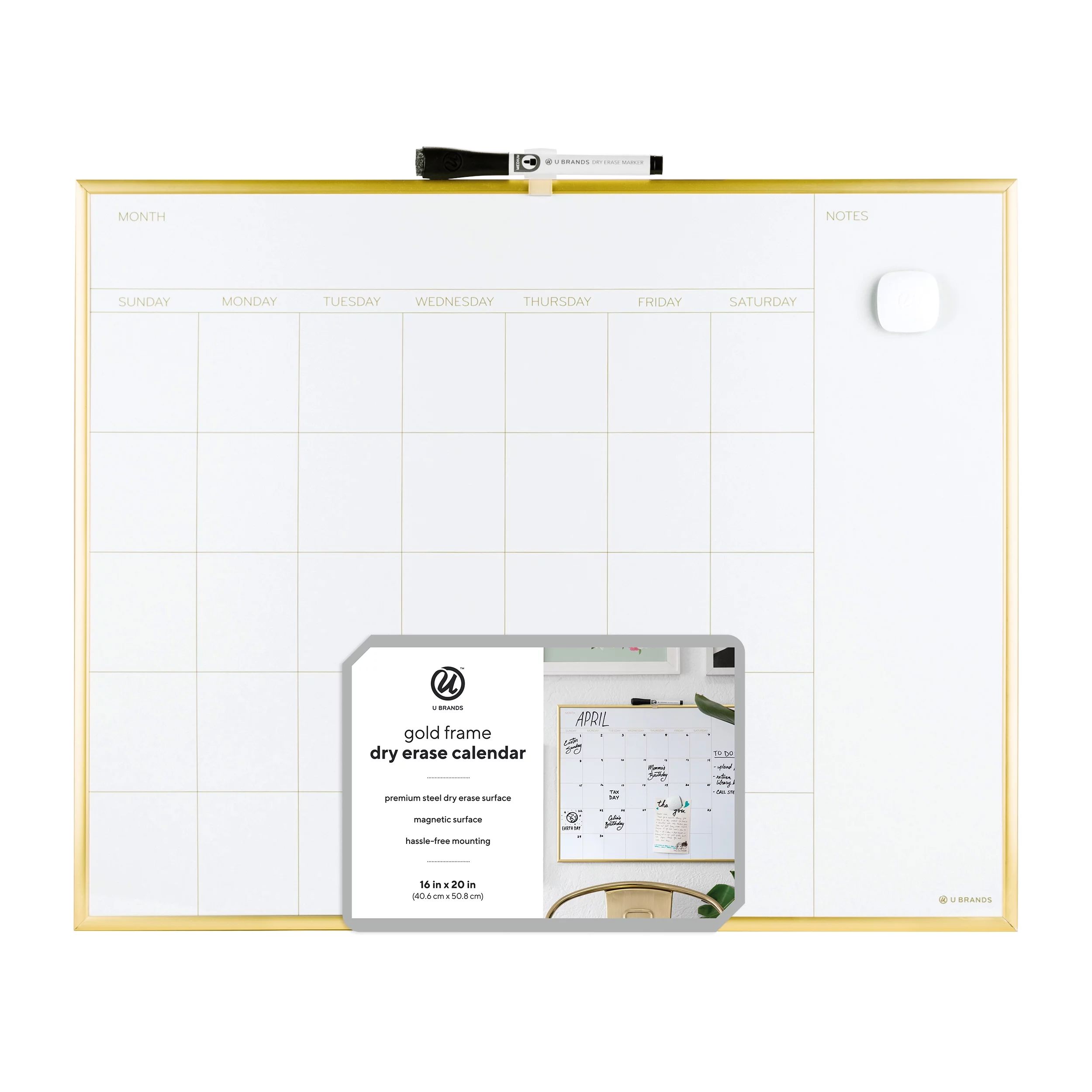 U Brands Magnetic Calendar Dry Erase Board, 20" x 16", Gold Finish, 364U | Walmart (US)