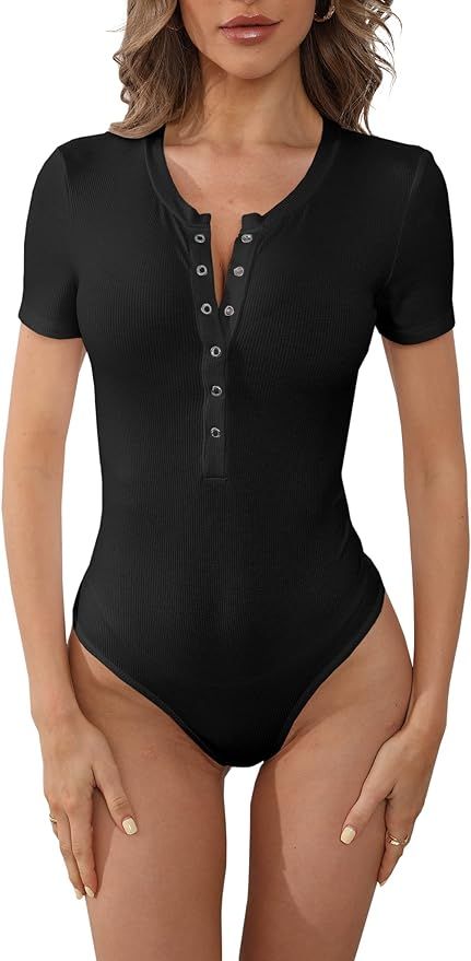 IRISGOD Womens Ribbed Henley Bodysuits Sexy Button Down Short Sleeve Leotards Tops | Amazon (US)