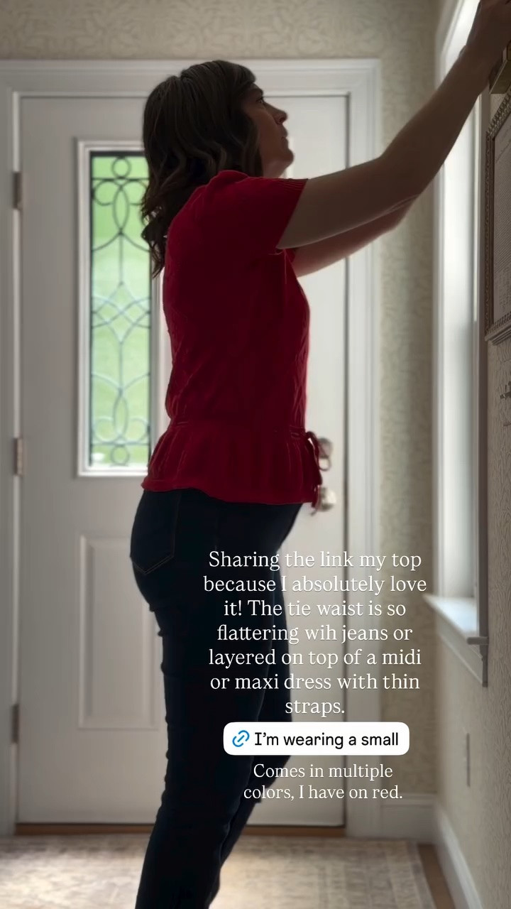Sharing the link my top because I absolutely love it! The tie waist is so flattering wih jeans or layered on top of a midi or maxi dress with thin straps. Comes in multiple colors, I have on red.