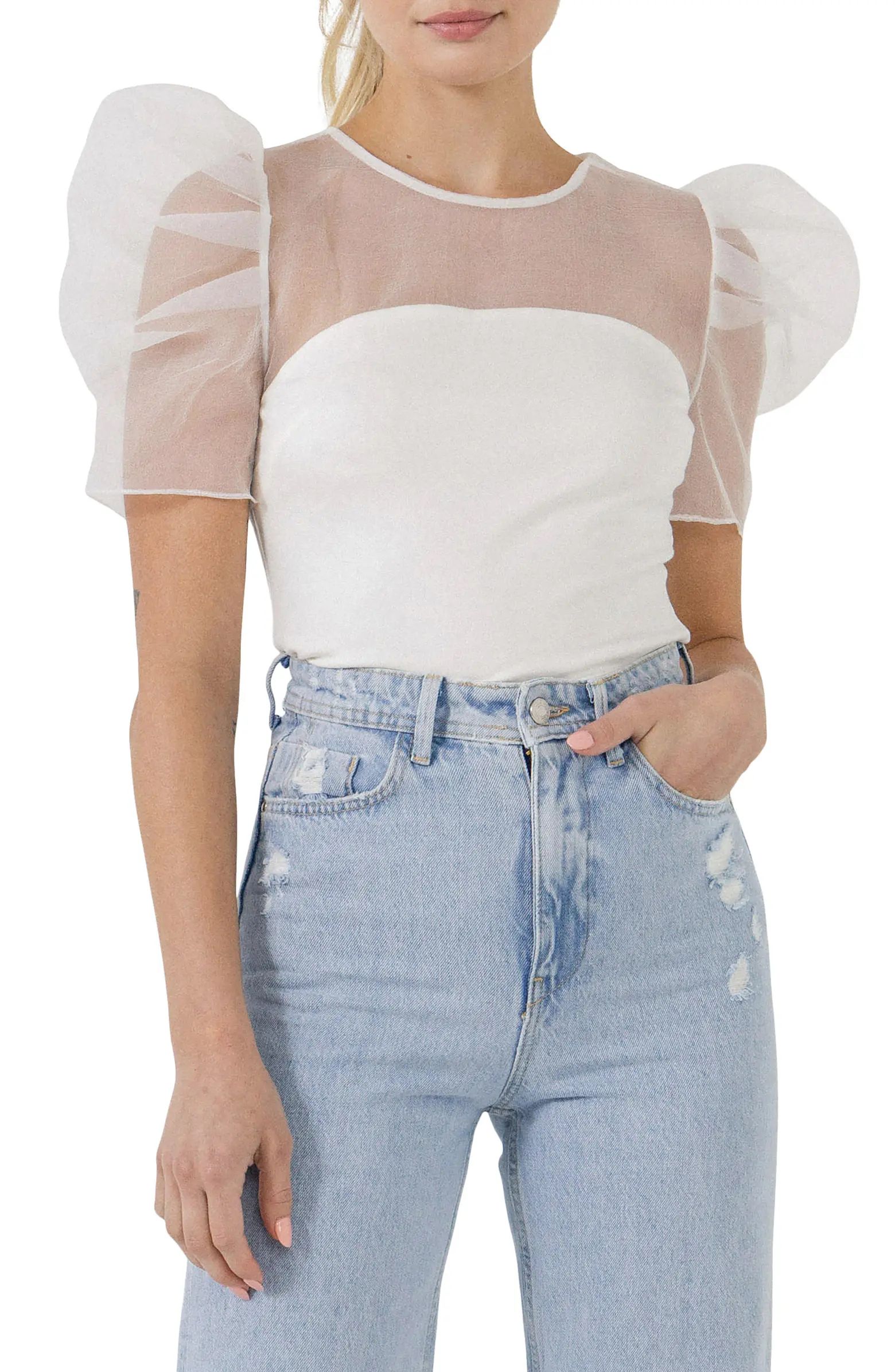 Endless Rose Mixed Media Puff Sleeve Top | Nordstrom | Nordstrom