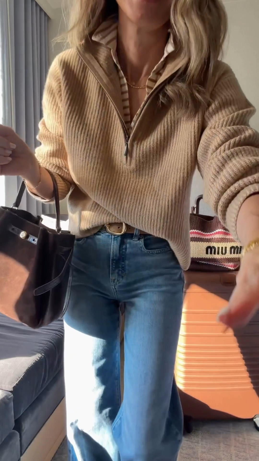 I’m 5’6”
-Jeans are TTS AND INCREDIBLY flattering. 
-love this soft zip-up sweater
-striped shirt under has been restocked  
-the most comfortable flats I own! TTS