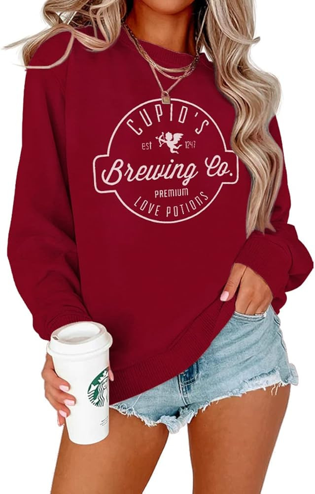 KEKEMI Women Valentine's Day Sweatshirt Cupid's Brewing Co Shirt Retro Love Graphic Sweater Crewn... | Amazon (US)