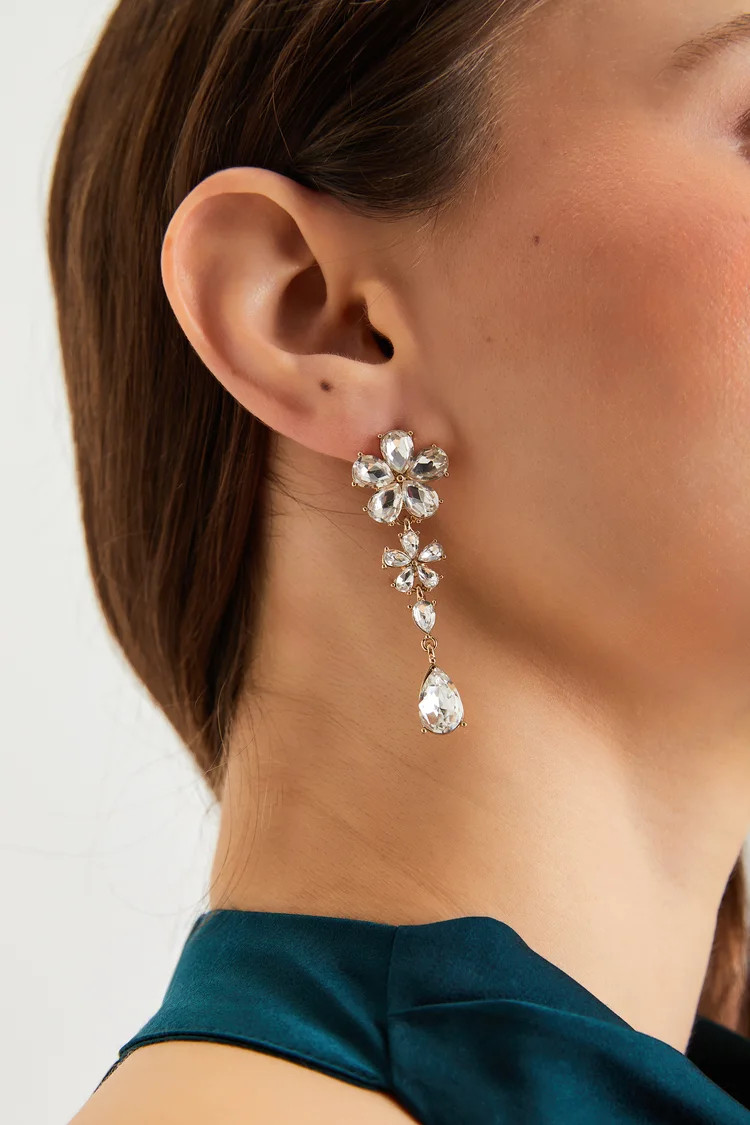 Deluxe Radiance Gold Rhinestone Flower Drop Earrings | Lulus (US)