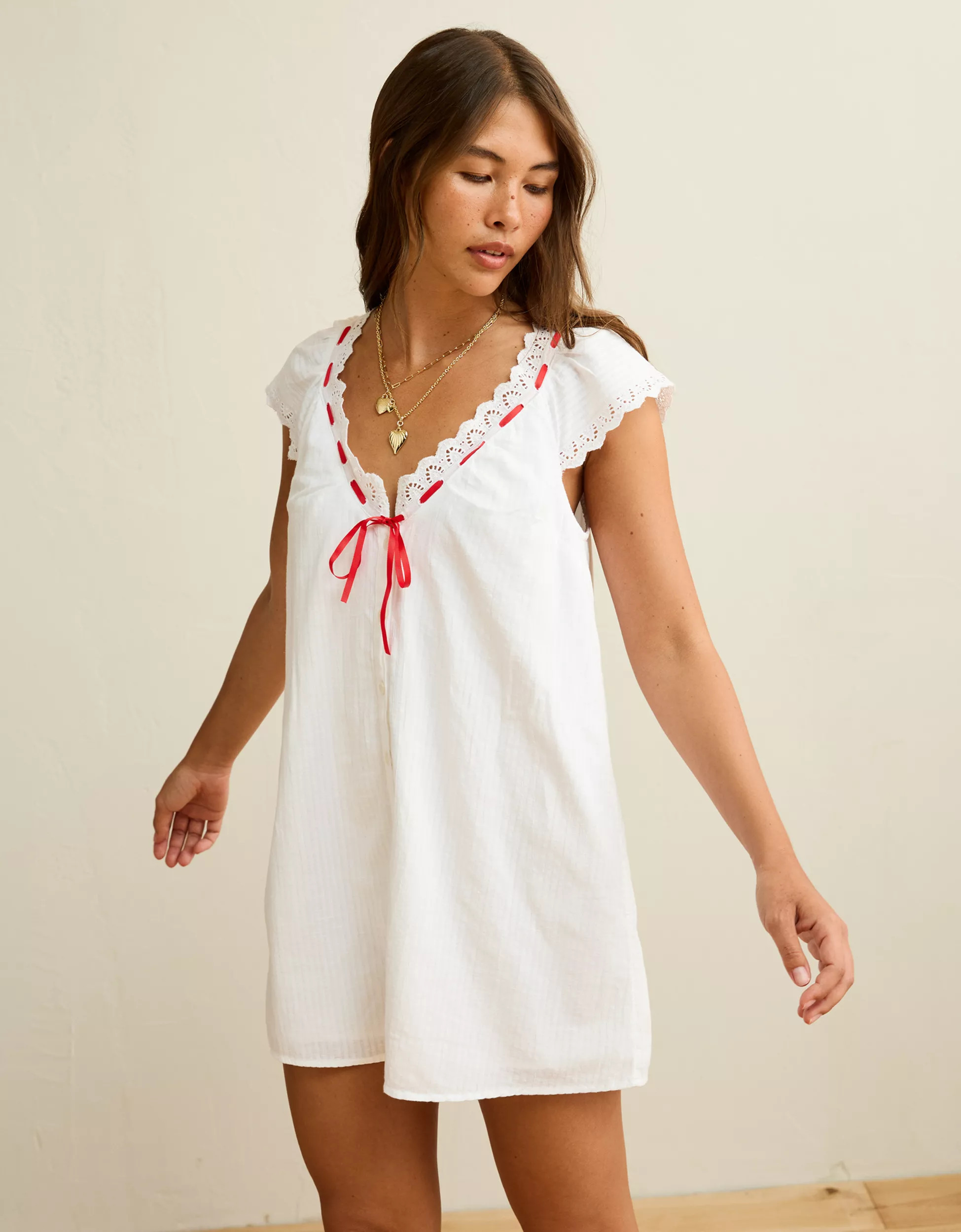 AE V-Neck Ruffled Button-Up Mini Dress | American Eagle Outfitters (US & CA)