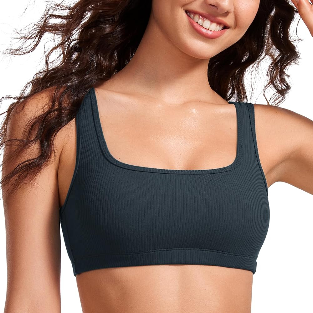 CRZ YOGA Ribbed Sports Bras for Women - Square Neck Wireless Padded Bra Low Coverage Yoga Crop To... | Amazon (US)