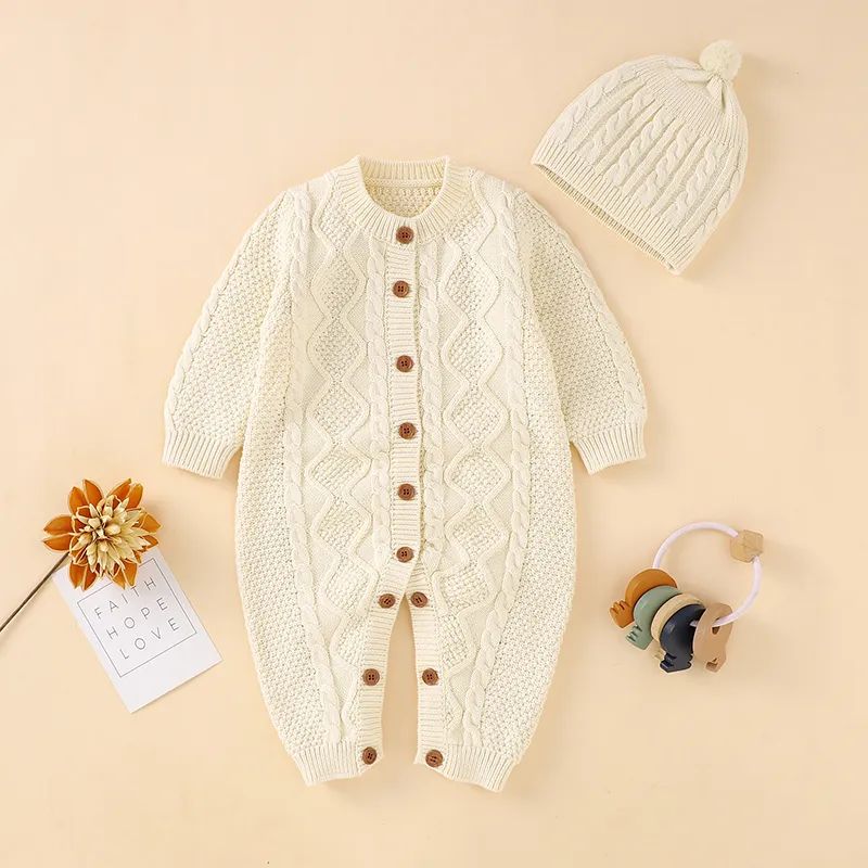 100% Cotton 2pcs Solid Knitted Long-sleeve Baby Set | PatPat