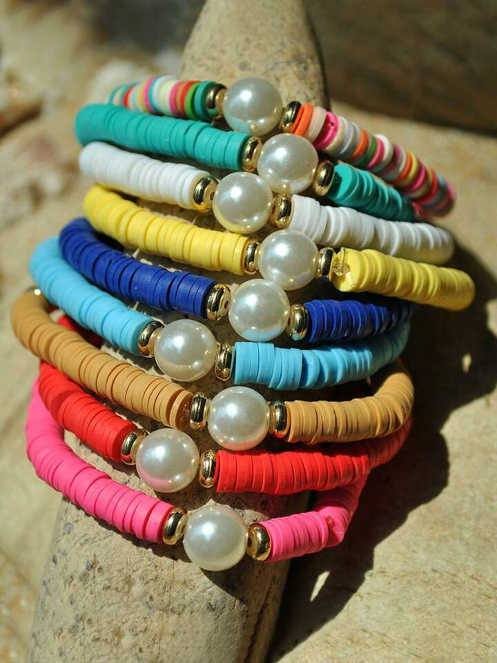 Boho Colorful Beads & Faux Pearl Bracelet, Adjustable For Summer Beach Travel, Versatile Jewelry Accessory (Faux Pearl) | SHEIN