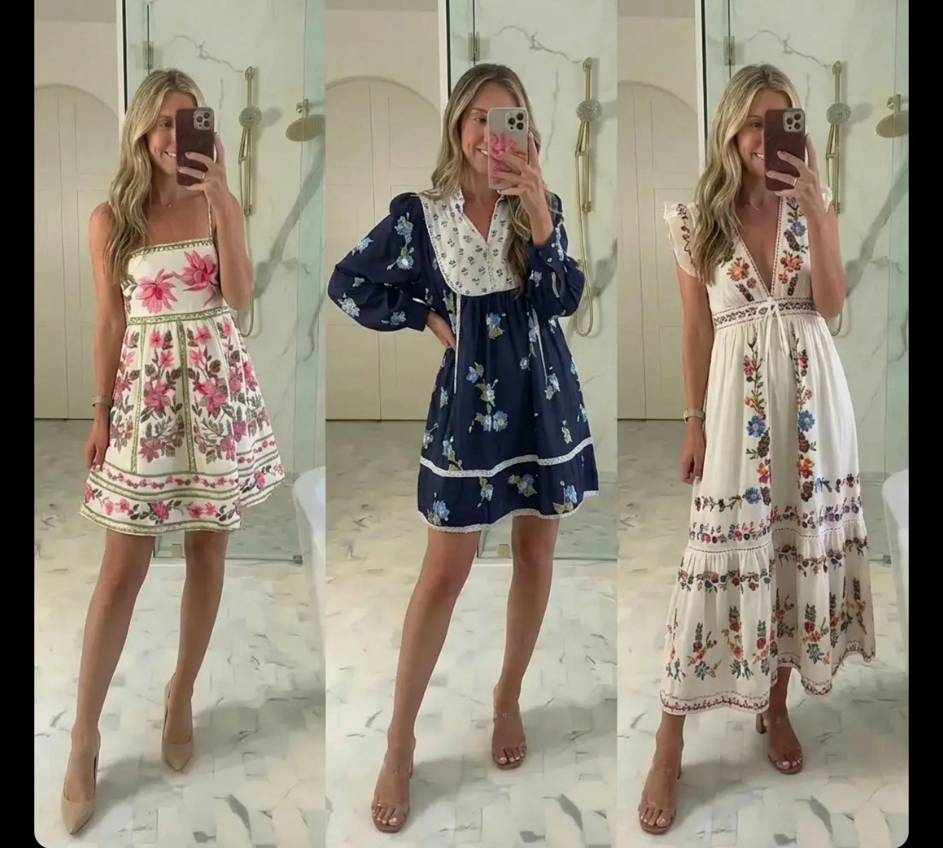 A polished Pinterest-style mirror selfie collage featuring three feminine spring dresses styled side by side. Soft, natural bathroom lighting with marble floors and a clean neutral backdrop. Outfit one: a sleeveless white mini dress with pink floral embroidery, tailored waist, and classic nude heels. Outfit two: a navy long-sleeve mini dress with delicate floral print, white embroidered bib detail, and a relaxed romantic silhouette. Outfit three: a white flowy midi dress with colorful floral embroidery, flutter sleeves, and an airy bohemian feel. Effortless feminine styling, soft waves, neutral heels, timeless spring wardrobe inspiration, elevated casual elegance, romantic cottagecore-meets-classic aesthetic, Pinterest-worthy fashion content.

HASHTAGS
#pinterestfashion #springdresses #femininefashion #romanticstyle #floralstyle #springoutfits #bohochic #effortlessstyle #dressinspo #amazonfashion #chicandclassic #wardrobeinspo #neutralheels #springwardrobe #fashioninspo #pinterestoutfits #everydaychic

#LTKSeasonal #LTKGiftGuide #LTKActive