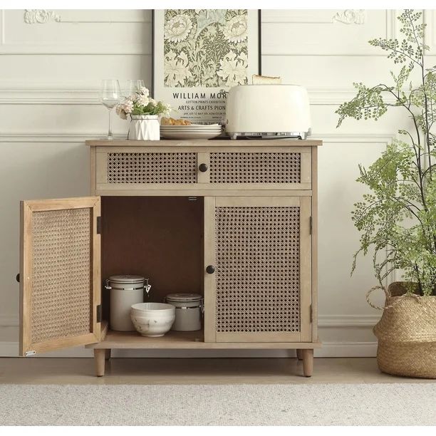 Art Leon Rustic Storage Cabinet with 2-Door&1Drawers Rattan Decoration Wood Finish,Oak Kitchen Co... | Walmart (US)