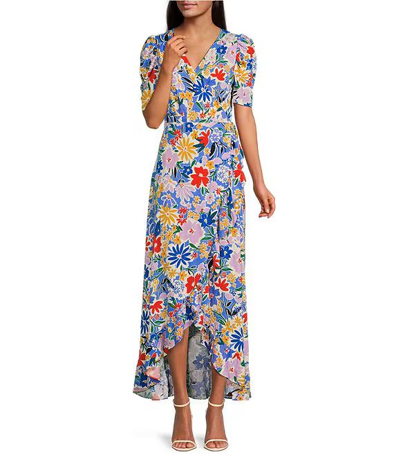 Floral Print Surplice V-Neck Short Puff Sleeve Ruffle Tie Wrap Maxi Dress | Dillards