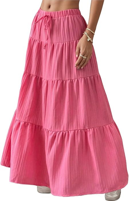HOUZONIY Womens Maxi Skirt Flowy Elastic Waist Tiered Pleated A Line Summer Boho Trendy Cute Pull... | Amazon (US)