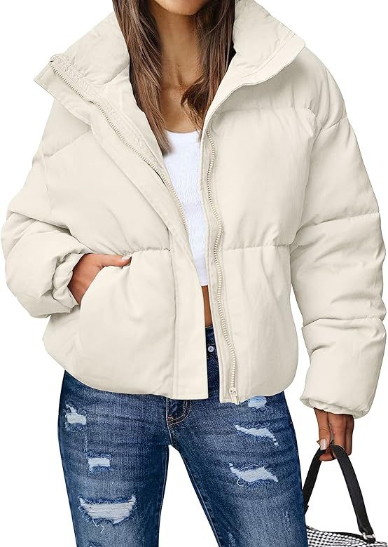 MEROKEETY Women's Winter Long Sleeve Zip Puffer Jacket Stand Collar Baggy Short Down Coats with P... | Amazon (US)